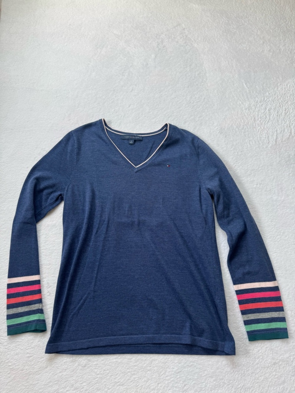 Tommy Hilfiger Women’s Navy V-Neck Sweater with Striped Cuffs